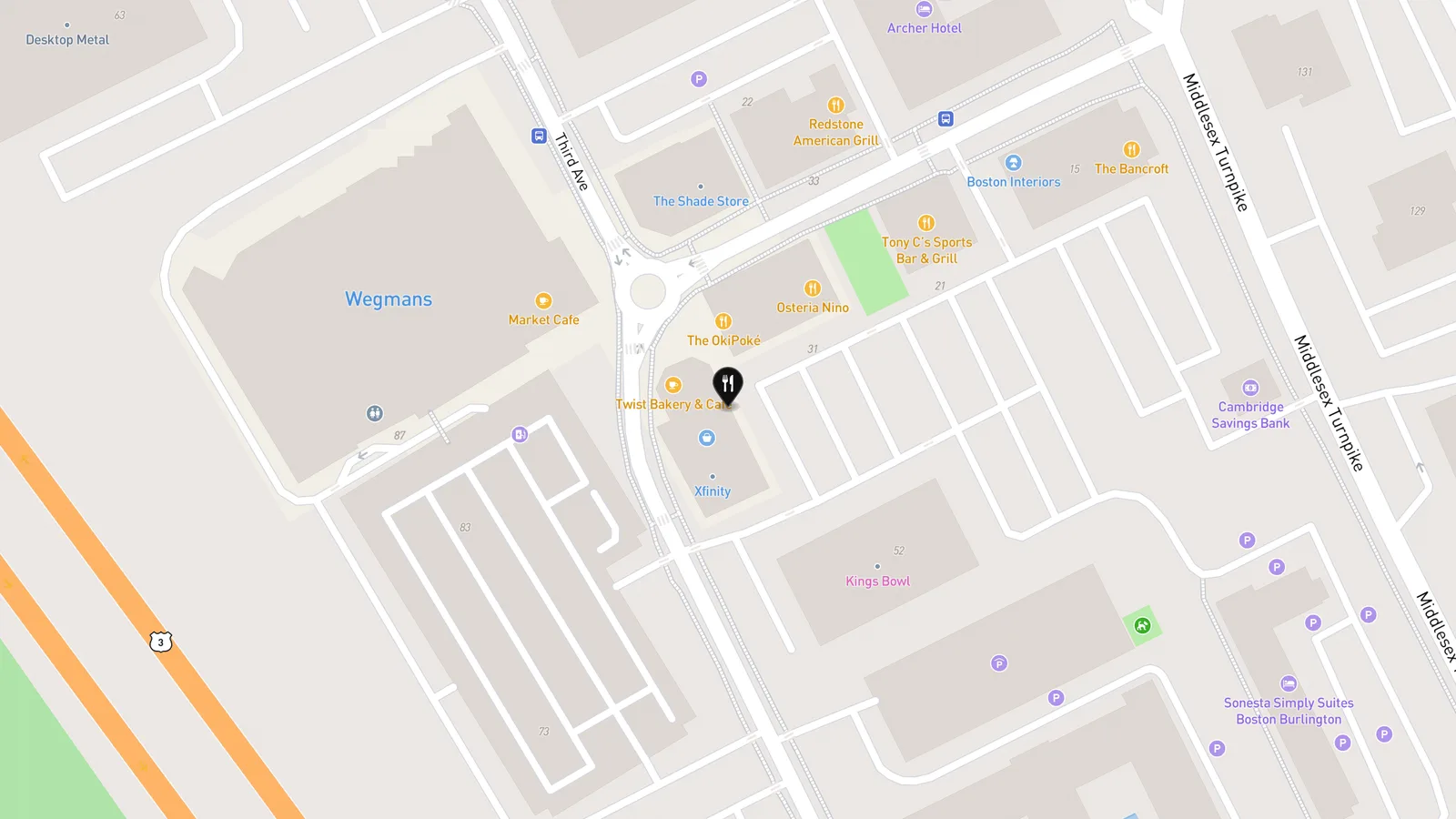 Map showing location of Twist Bakery & Cafe (Burlington)