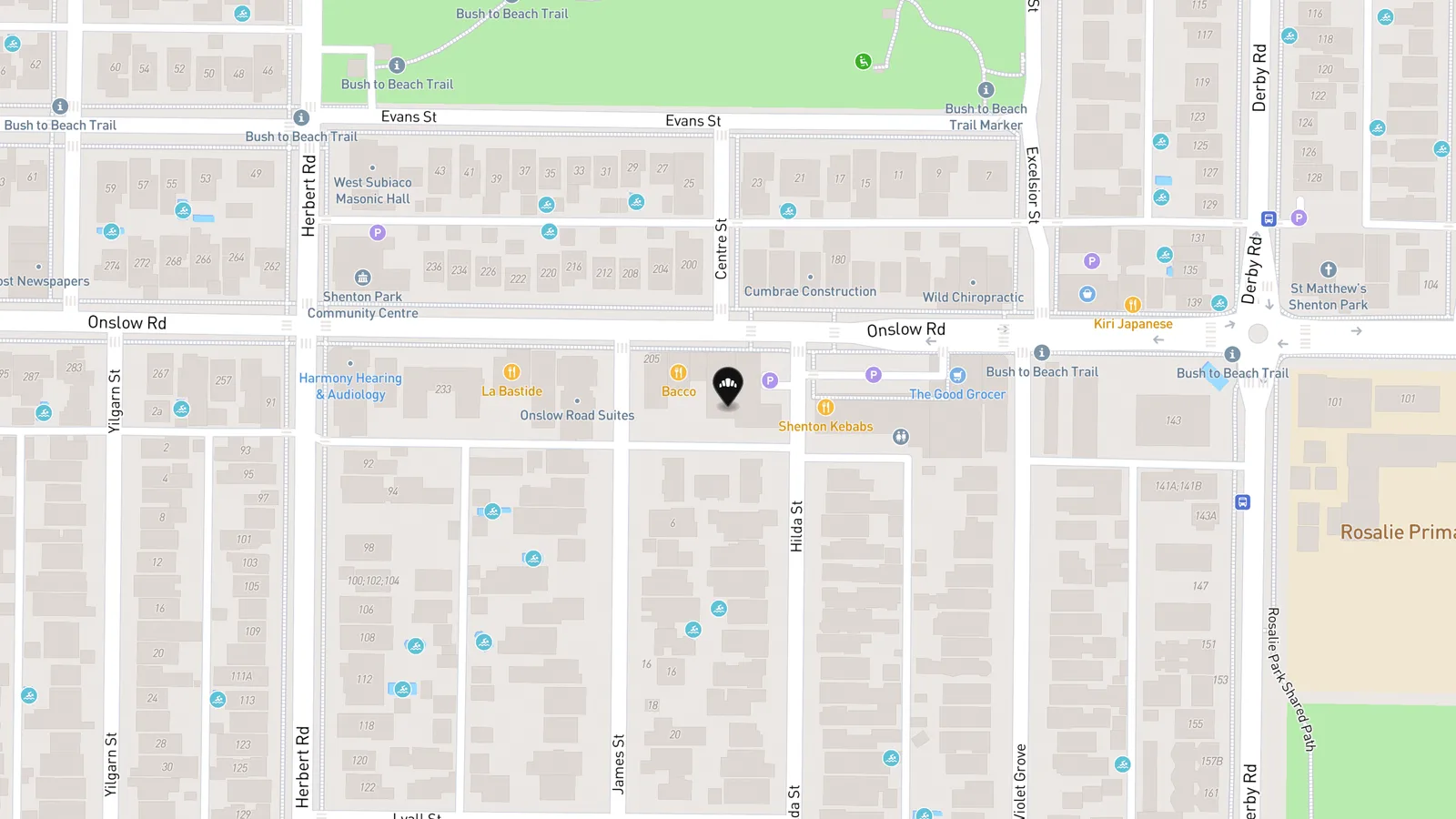 Map showing location of Strange Grains Gluten Free Bakery