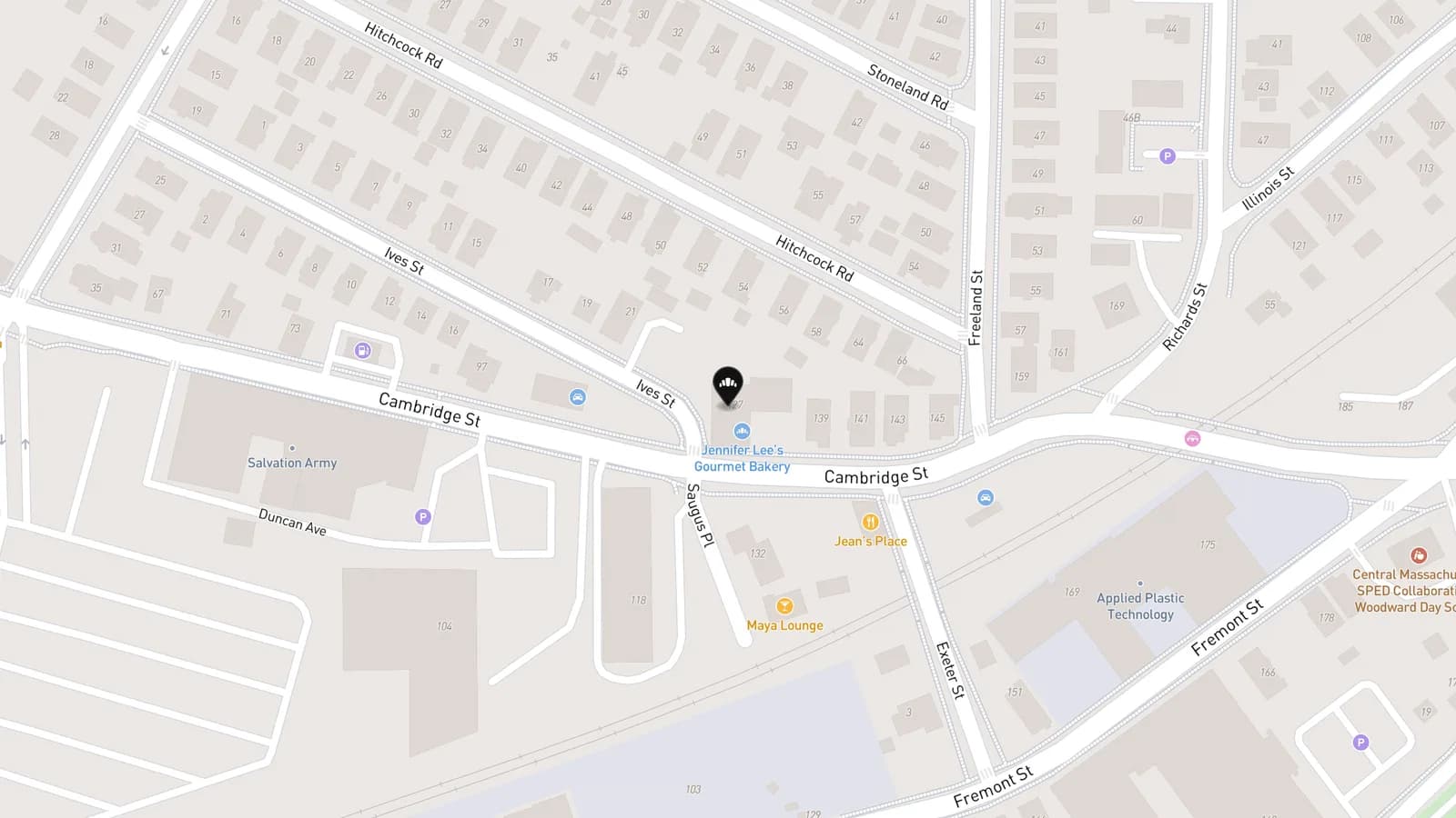 Map showing location of Jennifer Lee's Gourmet Bakery (Worcester)