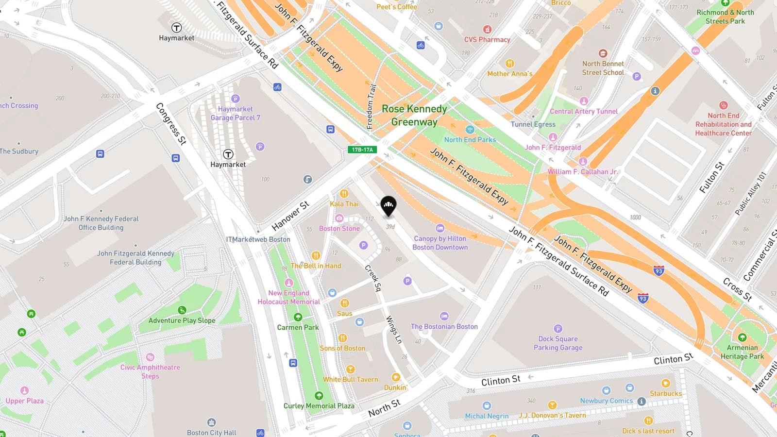 Map showing location of Jennifer Lee's Gourmet Bakery (Boston)